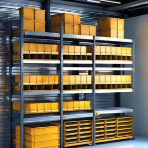 Industrial storage shelving system with organized yellow storage bins
