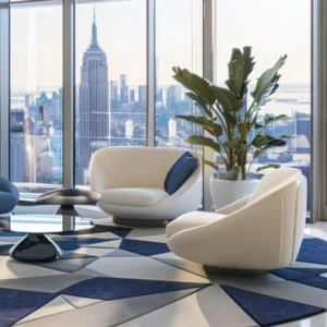 Luxury office lounge area with city skyline view and modern furniture