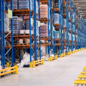 organized warehouse shelving with storage bins