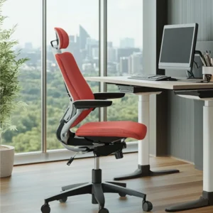 modern office desk setup with blue chair