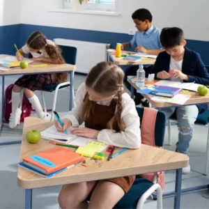classroom desk with school supplies and books