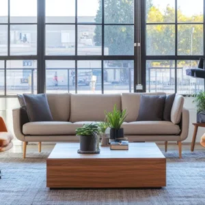 stylish office waiting area with city view