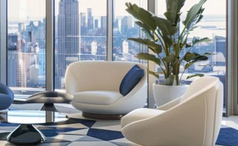 Luxury office lounge area with city skyline view and modern furniture