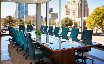 corporate boardroom with city skyline view